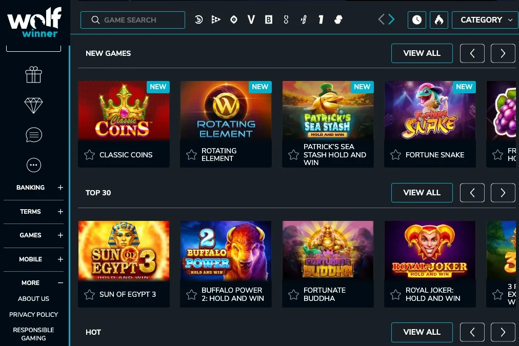 Wolf Winner Casino dashboard showing game selection